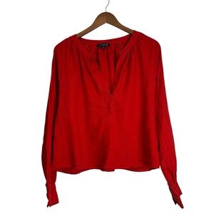 J.Crew Women’s M Red 100% Linen Cropped V-Neck Long Sleeve Blouse Top
